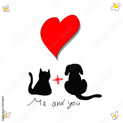 Cat with dog for love greeting card