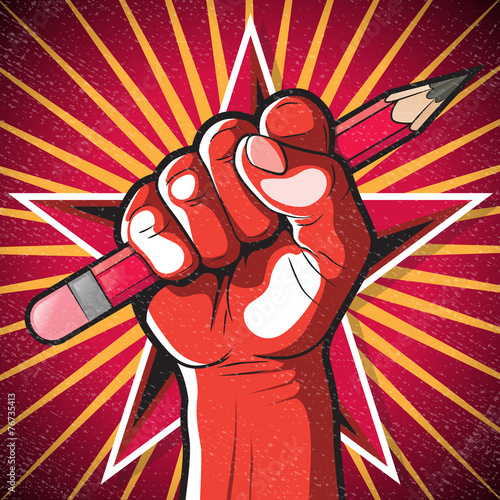Revolutionary Punching Fist and Pencil Sign.
