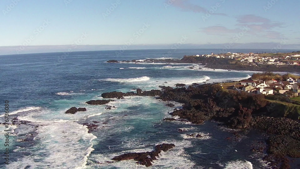 Flying over the Rocks and Ocean Waves, Mosteiros Sao-Miguel Flying over the Rocks and Ocean Waves, Mosteiros Sao-Miguel