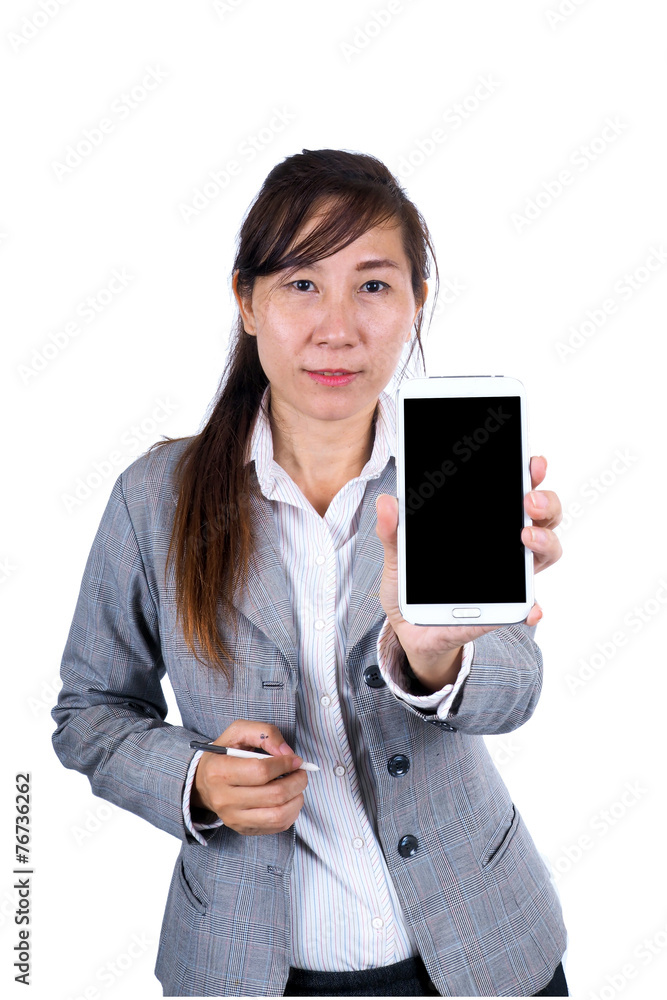 Asian Business woman with mobile phone on white background