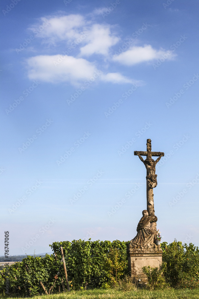 Old Broken Cross and Jesus Christ at the Field Road, Alsace