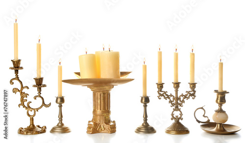 Retro candlesticks with candles, isolated on white