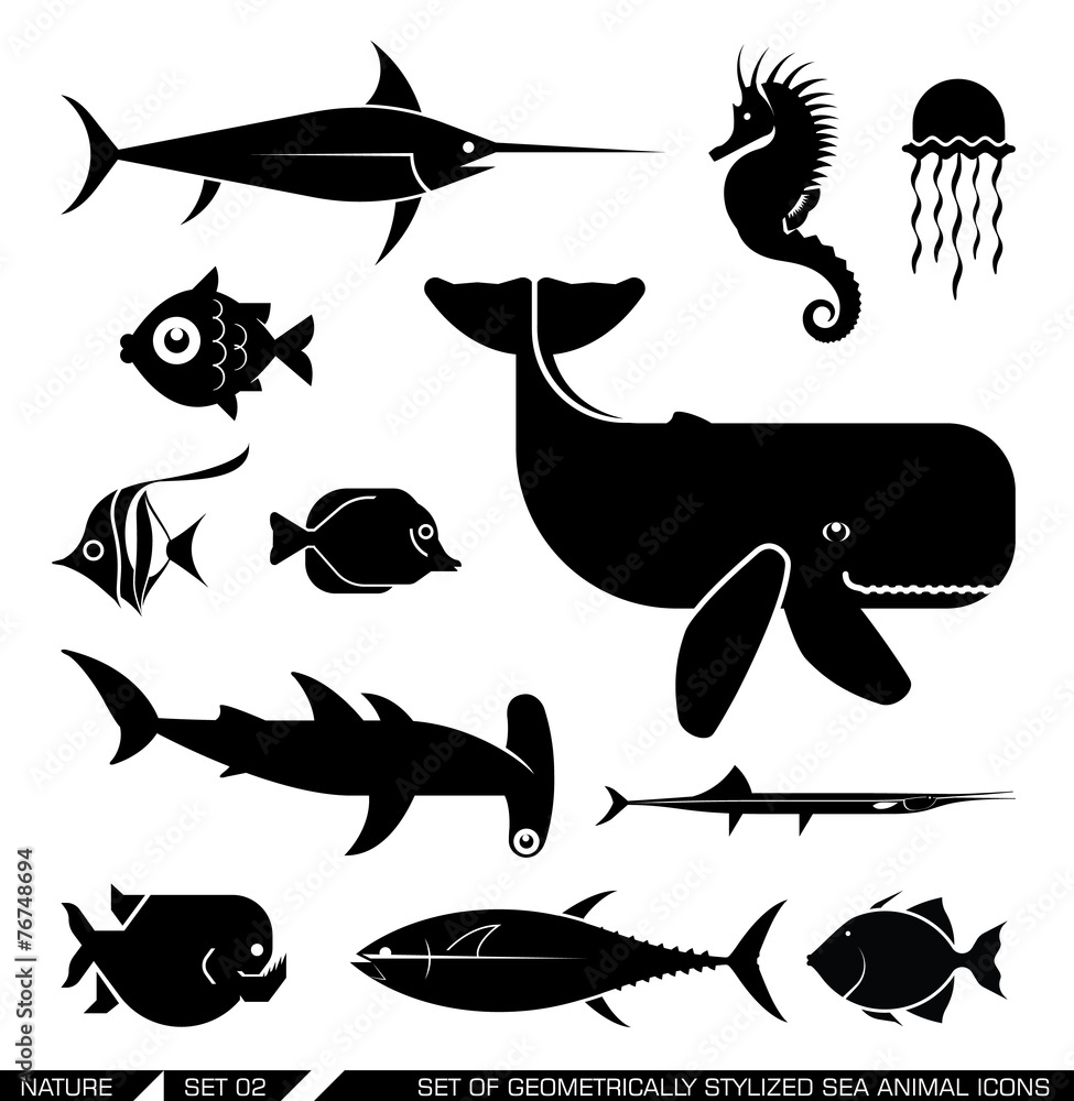 Obraz premium Set of geometrically stylized sea animal icons