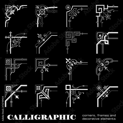 Calligraphic corners and frames isolated on black background