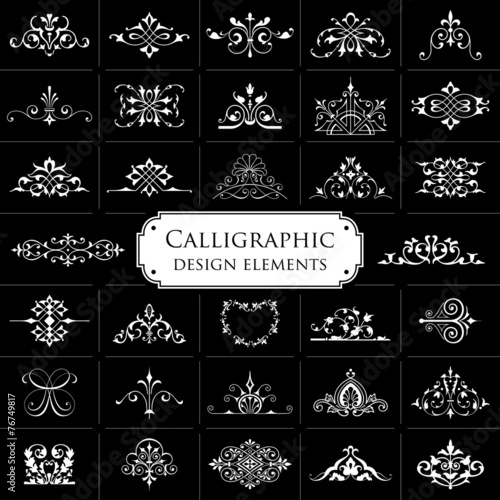 Calligraphic design elements on black background - set 1