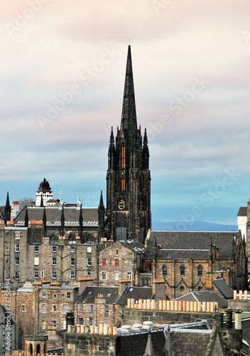 Cloudy day view of Edinburgh old town skyline and church