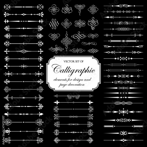 Vector set of calligraphic elements on the black background
