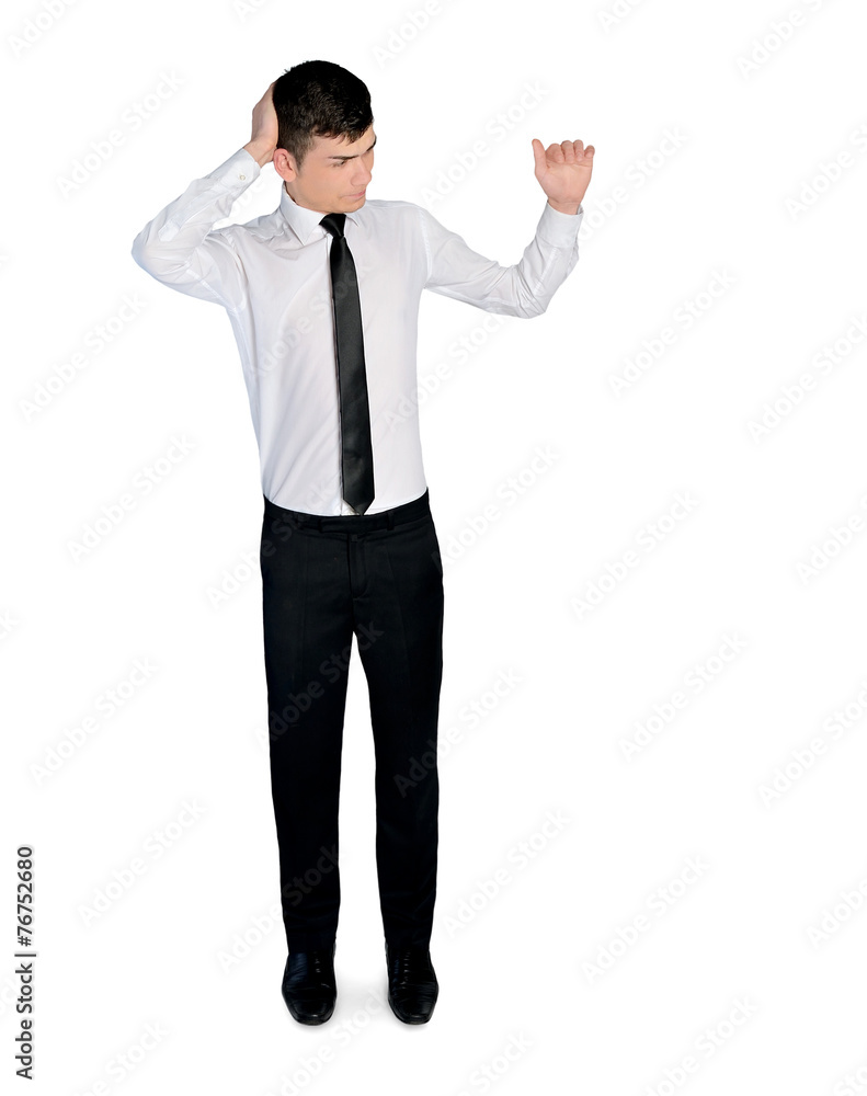 Business man thinking and presenting something Business man thinking and presenting something