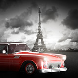 Effel Tower, Paris, France and retro red car. Black and white