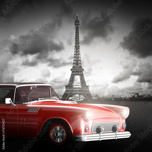 Effel Tower, Paris, France and retro red car. Black and white