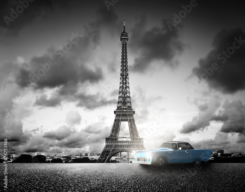 Effel Tower, Paris, France and retro car. Black and white
