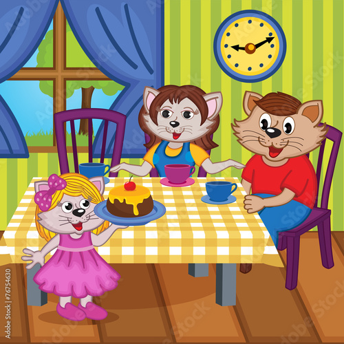 family cats eat cake together - vector illustration, eps