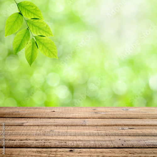 Old wooden table with green nature background