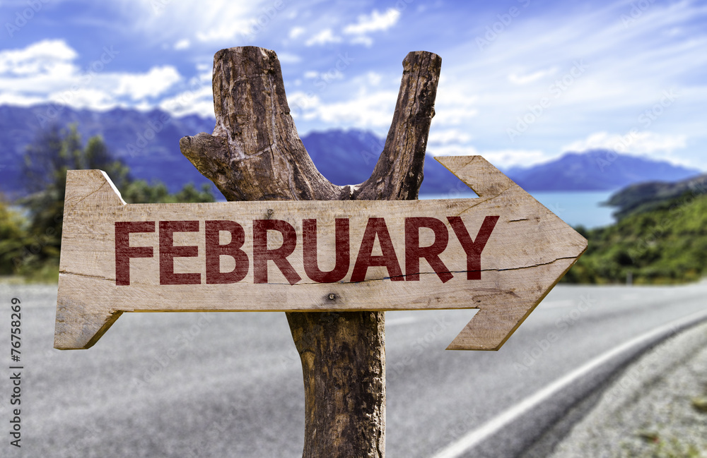 February wooden sign with a road on background