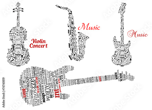 Guitar, violin and saxophone with notes or tag clouds #76760819