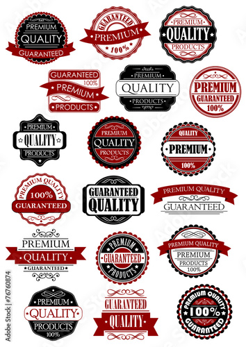 Red and black quality guarantee labels or banners