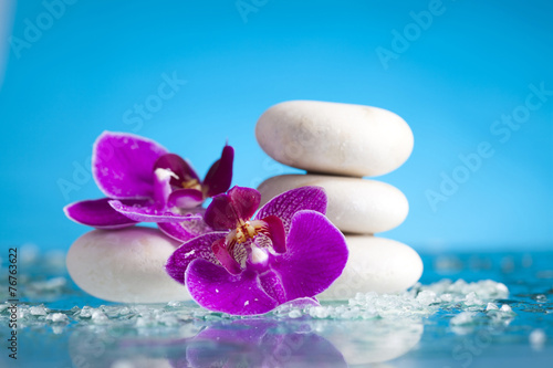 Spa still life with pink orchid and white zen stone in a serenit