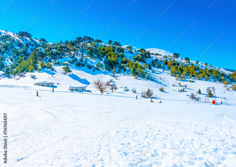 Beautiful landscape scene with snow on Ziria mountain in Greece