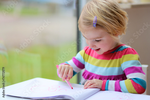 Preschooler girl drawing on paper with felt-tip pens