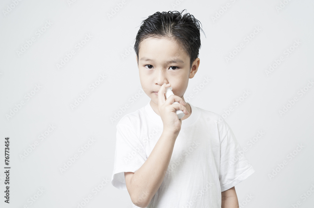 Process of Nasal clean by a boy on white background Process of Nasal clean by a boy on white background