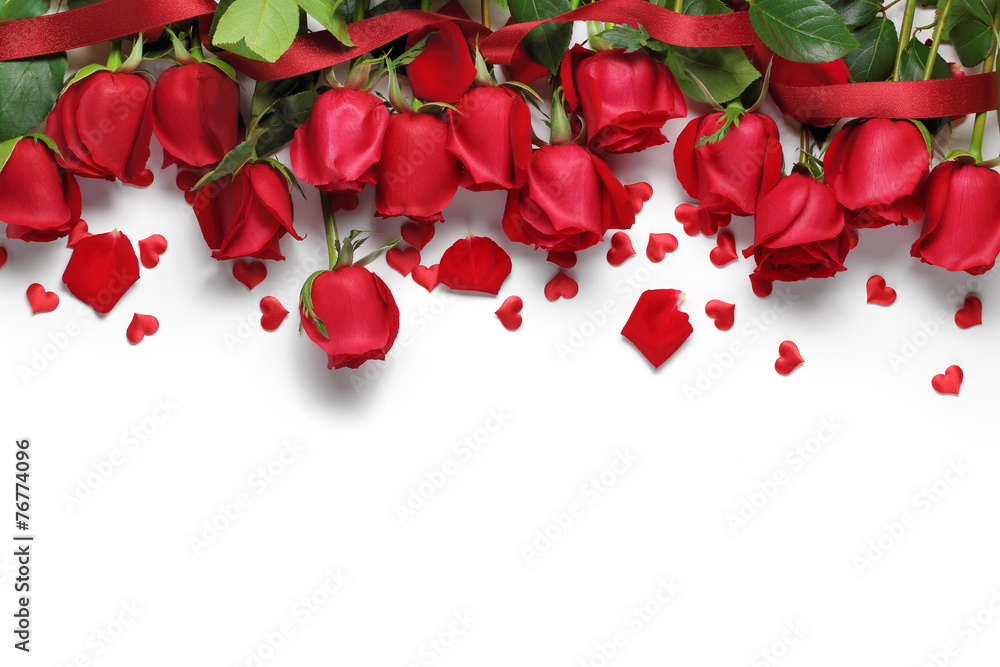 Red roses and heart shape ornaments - obrazy, fototapety, plakaty 
