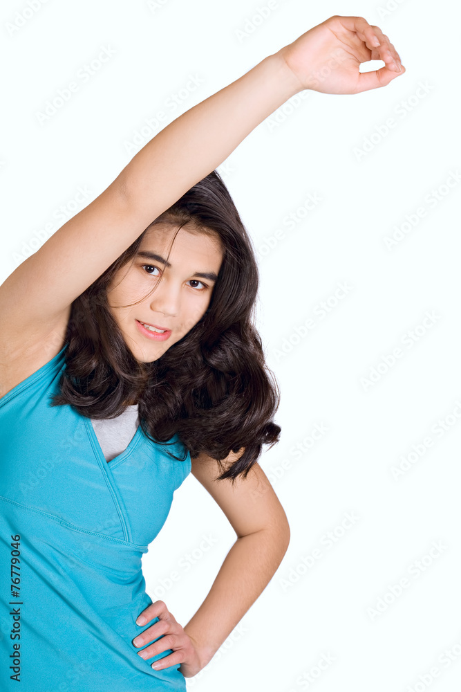 Beautiful biracial teenage girl doing stretches,exercising Beautiful biracial teenage girl doing stretches,exercising