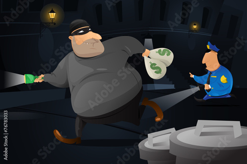 Policeman catching a robber in a dark alley