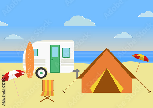 Retro caravan on the beach, summer vacation, vector illustration