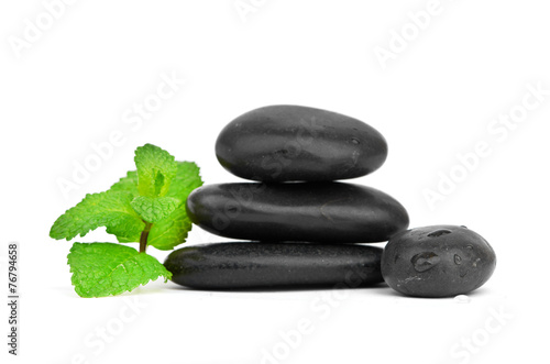 Fresh mint on the black stones with drops