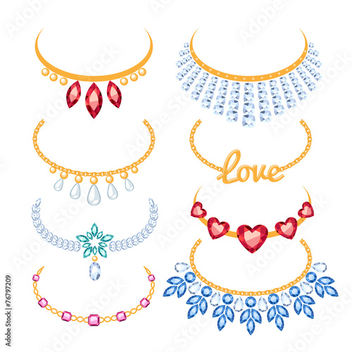 Set of beautyful golden necklaces with gemstones.