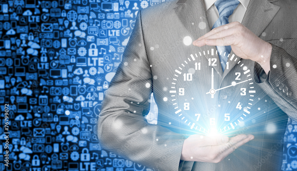 Image of businessman holding clock against illustration Image of businessman holding clock against illustration