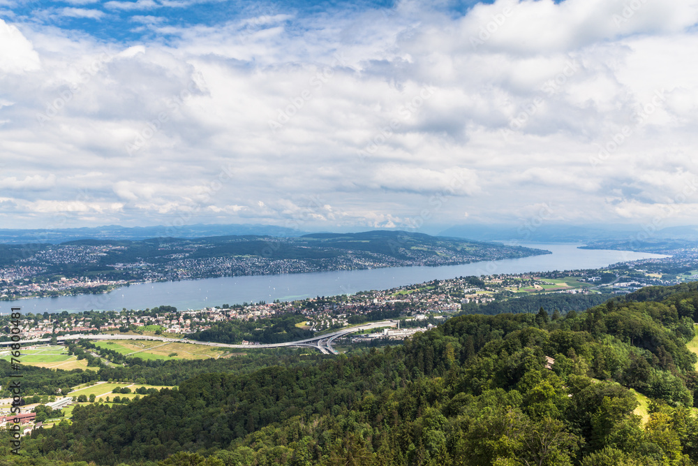 Panorama view of Zurich lake on  Uetliberg