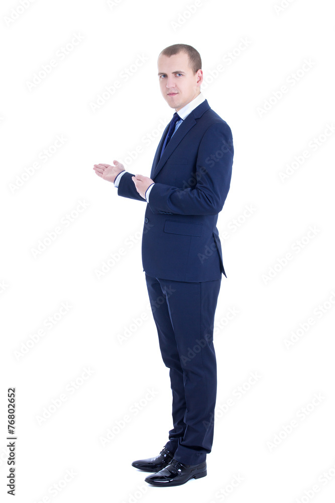 handsome business man presenting a copyspace isolated on white handsome business man presenting a copyspace isolated on white