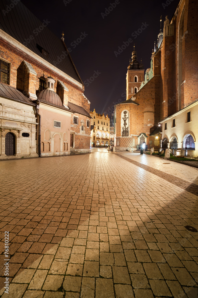 Mariacki Square at Night in the Old Town of Krakow