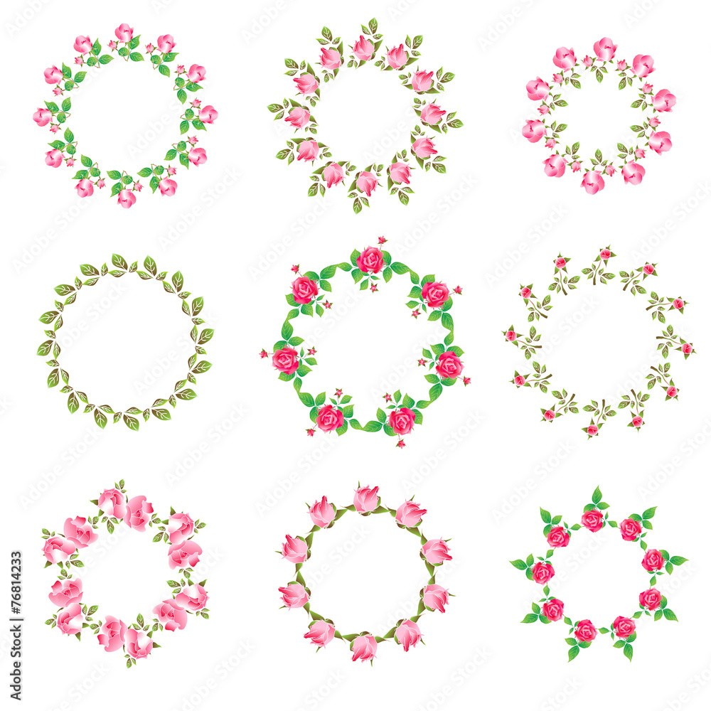 Set rose floral ornate round frames