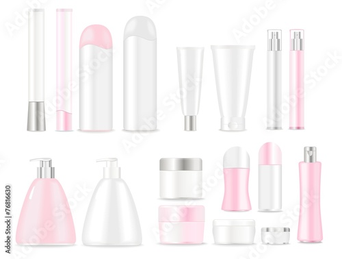 Light pink cosmetic tubes on white background