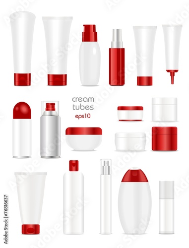 Blank cosmetic tubes on white background. White and red colors
