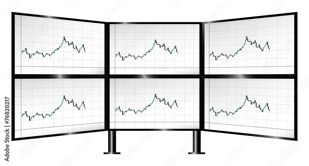 Naklejka premium Multi-monitor trading with candlestick charts