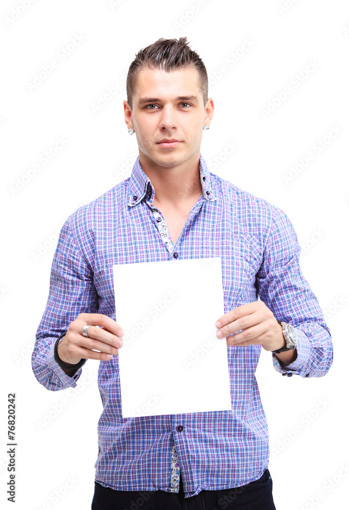 Happy business man presenting and showing with copy space Happy business man presenting and showing with copy space