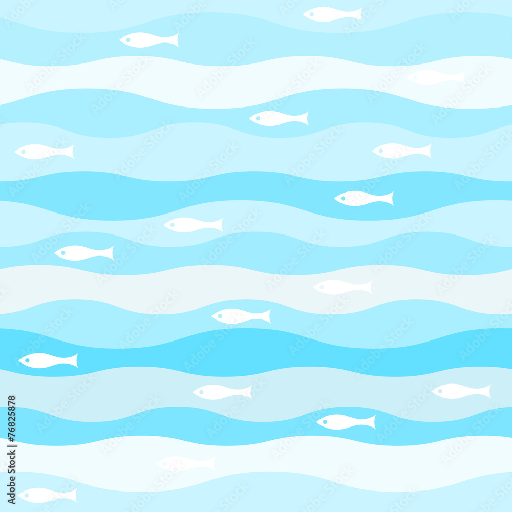 vector seamless abstract pattern, waves fish vintage retro
