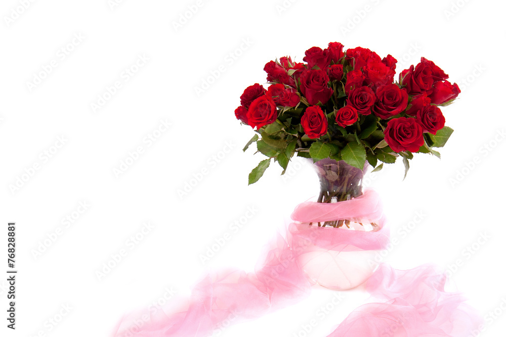 Obraz premium rote Rosen in Vase mit Tuch