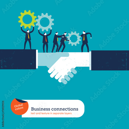 Shaking hands with two businessmen sharing gears