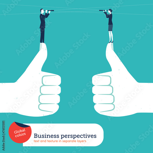 Businessmen and woman with spyglass on thumbs