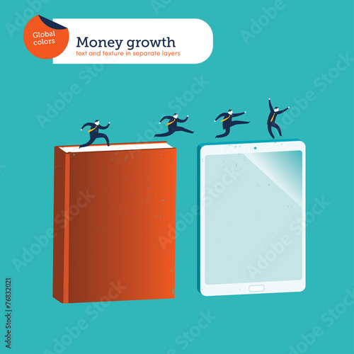 Businessmen jumping from an old book to a digital tablet