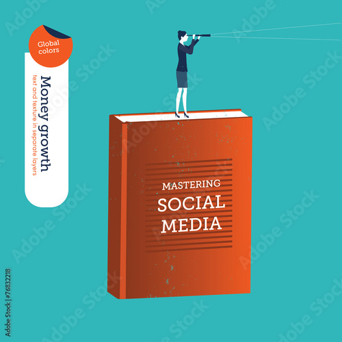 Businesswoman on a social media book with a spyglass.