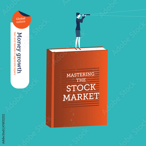 Businesswoman on a stock market book with a spyglass.