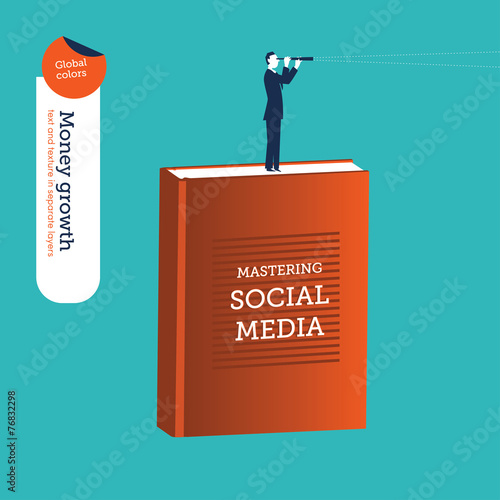 Businessman on a social media book with a spyglass