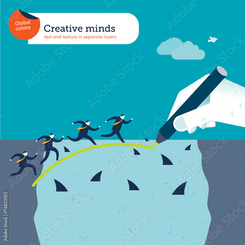 Businessmen crossing a river with sharks and bridge