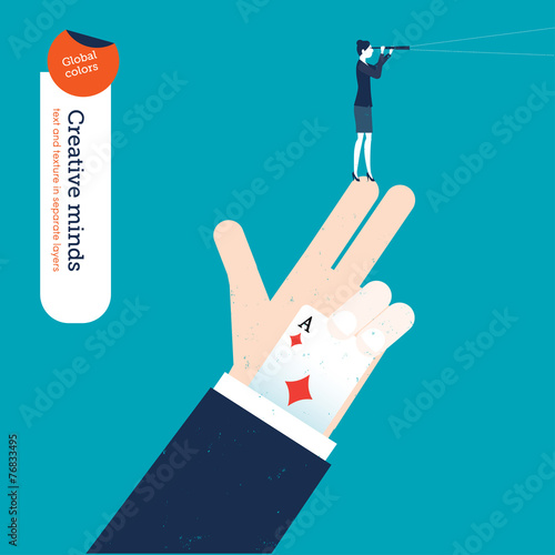 Magician with ace and businesswoman with spyglass