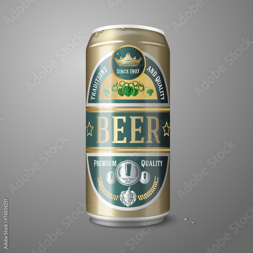 Golden beer can with label, isolated on gray background